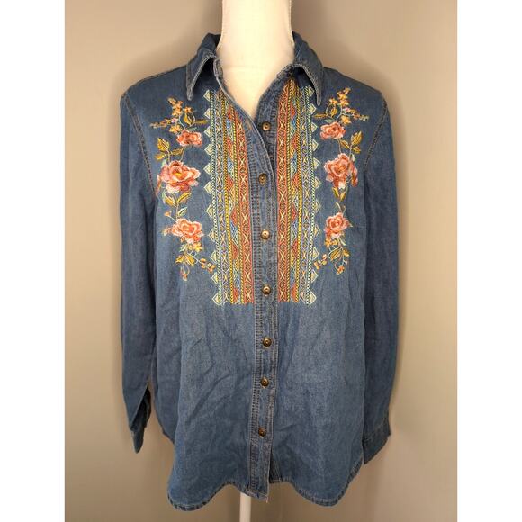 Scandia Home Tops - Vintage Style Embroidered Chambray Shirt Medium Floral Western Boho